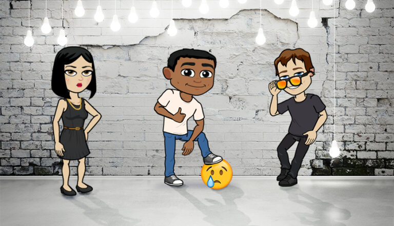 Illustration - teens holding down a "sad" emoji while looking cool
