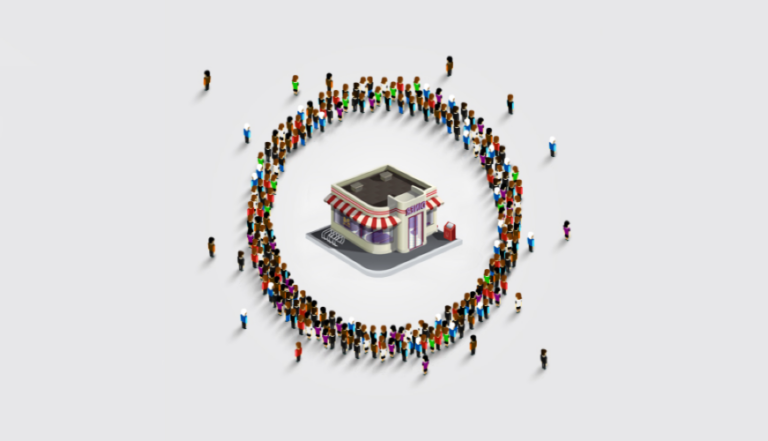 Illustration - ring of people surrounding a fast food restaurant