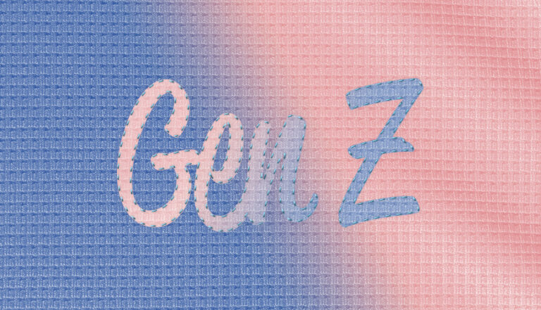 illustration - "Gen Z" in stitch-work on blue and pink textured clothe