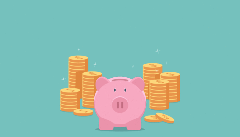 Illustration - Piggy bank surrounded by stacks of coins