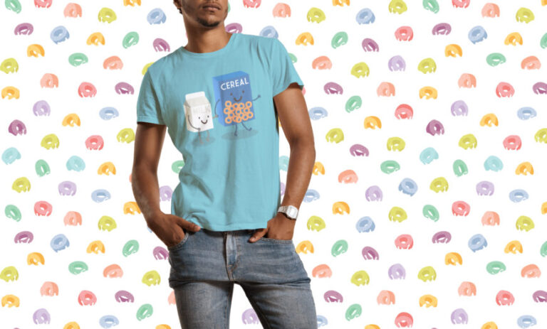 Young adult wearing shirt depicting milk and cereal walking hand-in-hand with graphic cereal pieces as the background