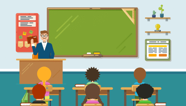 Illustration - classroom with teacher addressing students. "Gender equality" is written on the chalkboard