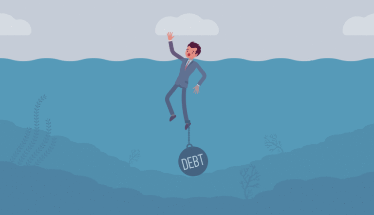 illustration - man trying to swim with ball and chain, labelled "debt", attached to his ankle