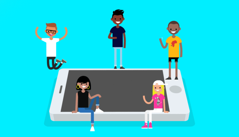 Illustration - small, smiling people sitting on and around a smart phone.