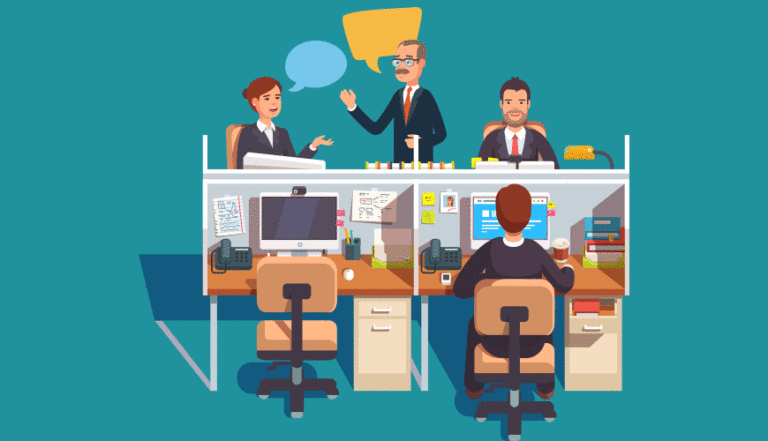 Illustration - pleasant office interaction between boss and employees.