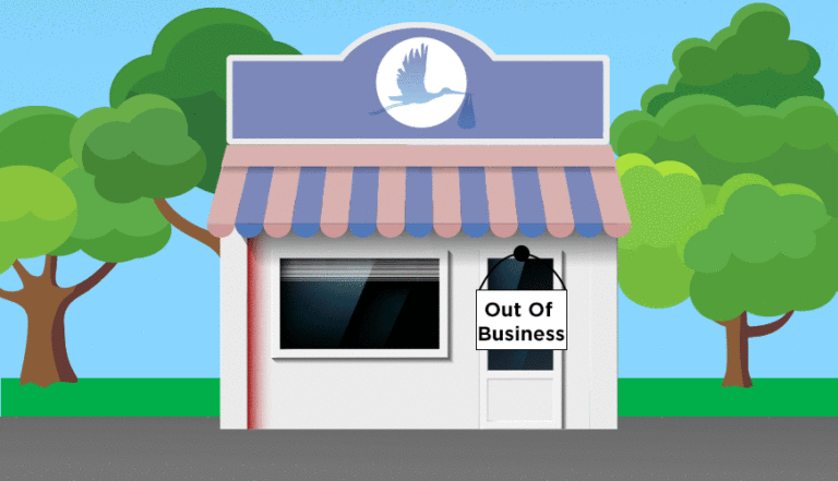 Illustration - Baby store with "Out of Business" sign hanging on door.