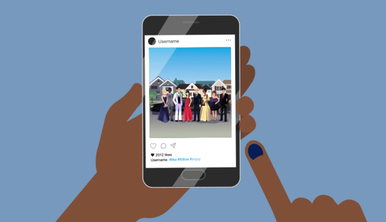 Illustration - clicking "like" icon on prom picture displayed on smartphone
