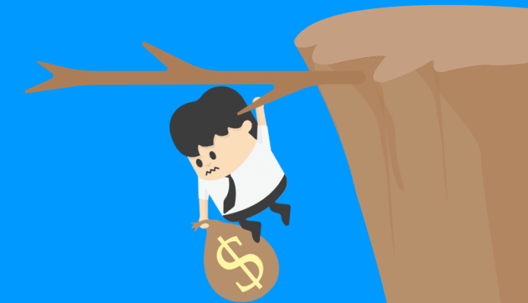 Illustration - man hanging from cliff holding bag of money