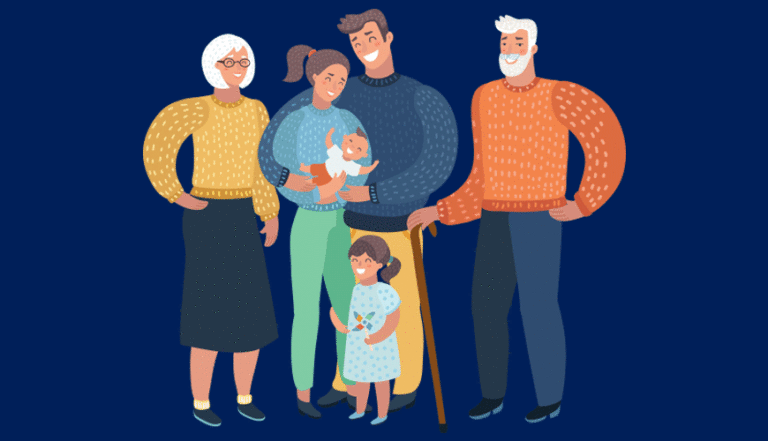 Illustration of multi-generation family photo