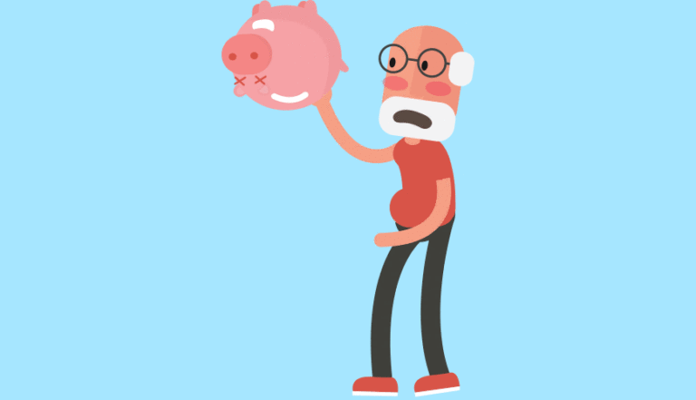 Illustration - elderly man shaking coins out of piggy bank