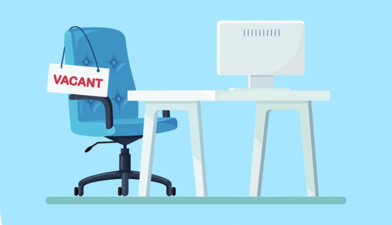 Illustration of empty office with "Vacant" sign hanging on chair