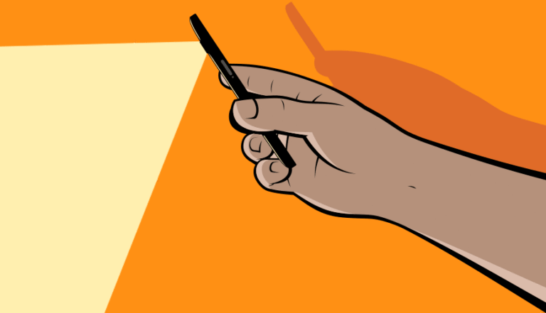 Illustration of hand holding smartphone as a flashlight