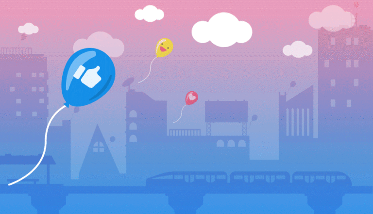 Illustration of balloons launching with positive emojis on them