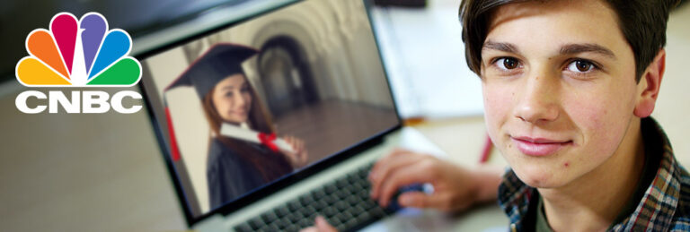 Gen Z high school senior looking at camera with laptop screen showing grad with CNBC logo on top left