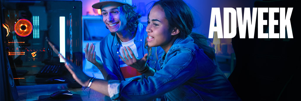 Gen Z teens looking at monitor with engagement and Adweek logo is in corner of image